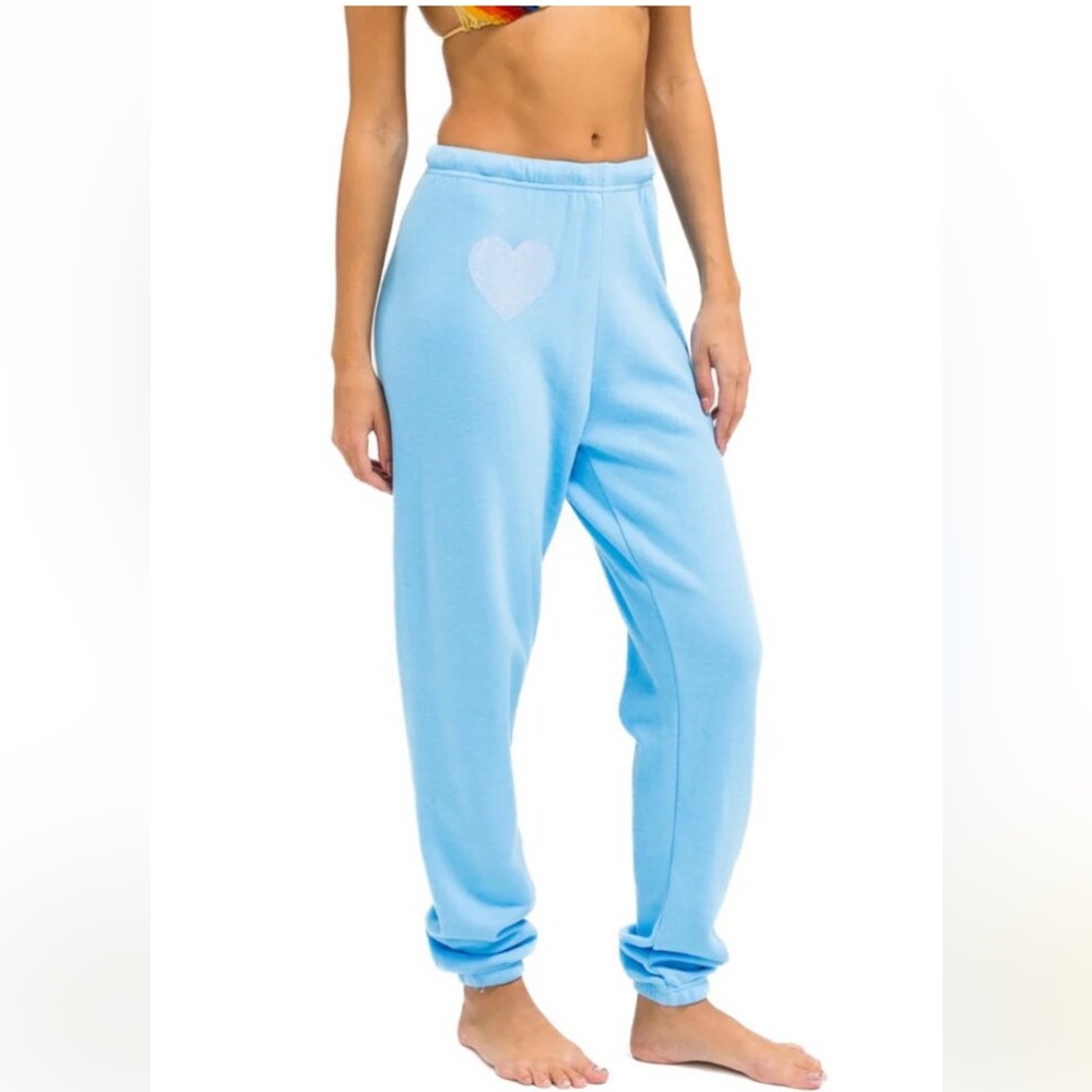 Aviator Nation Sky Blue Glitter Heart Sweatpants Joggers